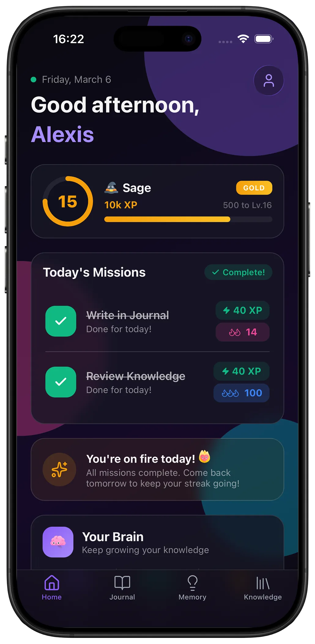 Prismo home screen with level progress, daily missions and streak