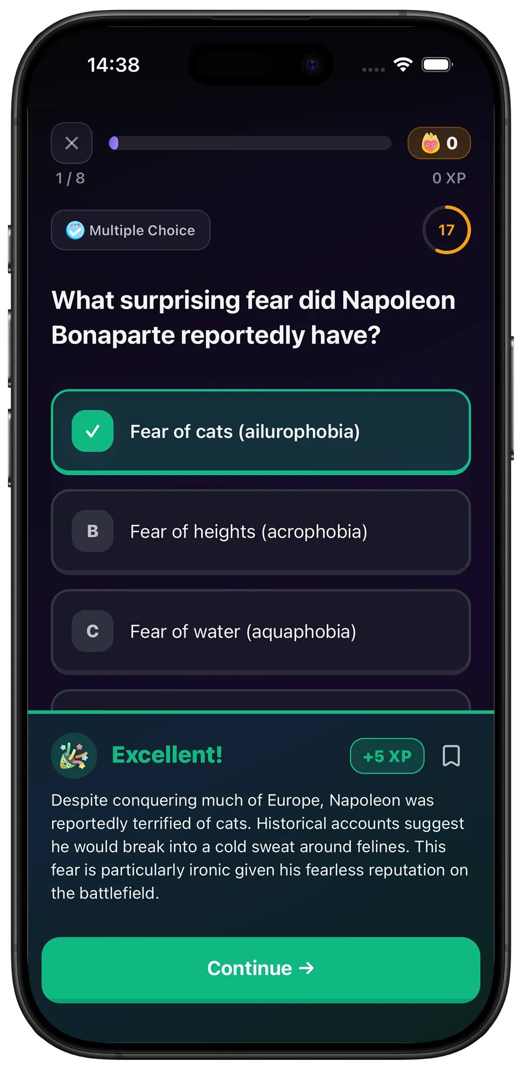 Prismo quiz screen showing a multiple-choice question and explanation